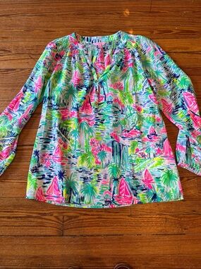 Lilly Pulitzer Elsa Small Neon Tropical Peasant Blouse - Pink, Green, Blue